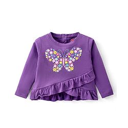 Babyhug  Cotton Knit Full Sleeves Puff Butterfly Printed Top with Frill Detailing - Purple