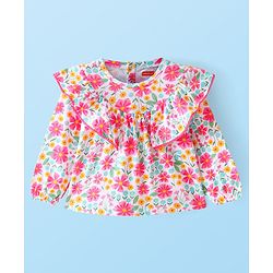 Babyhug Cotton Knit Full Sleeves Top With Frill Detailing Floral Print - Pink