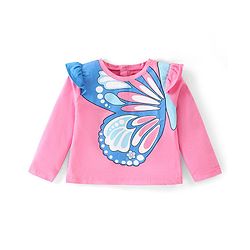 Babyhug Cotton Knit Full Sleeves Butterfly Printed Top with Frill Detailing - Pink