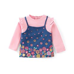 Babyhug Cotton Knit Full Sleeves Top with Floral Print & Frill Detailing - Pink & Blue