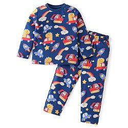 Babyhug Cotton Knit Full Sleeves Night Suit With Cars Print - Navy Blue
