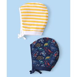 Babyhug 100% Cotton Knit Striped & Dino Printed Caps Pack of 2 - Yellow & Blue