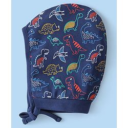 Babyhug 100% Cotton Knit Striped & Dino Printed Bonnet Bonnet Caps Pack of 2 - Yellow & Blue