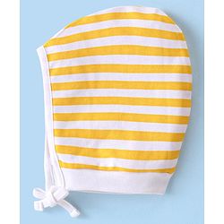 Babyhug 100% Cotton Knit Striped & Dino Printed Bonnet Bonnet Caps Pack of 2 - Yellow & Blue
