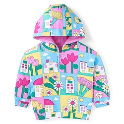 Babyhug Cotton Knit Full Sleeves Hooded Sweatshirt with Floral Print - Pink Blue & Yellow