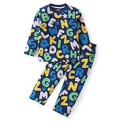 Babyhug Cotton Knit Full Sleeves Night Suit With Alphabets Print - Navy