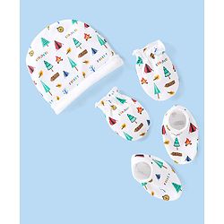 Babyhug Cotton Cap Mittens & Booties with Forest Print White - Diameter 10cm