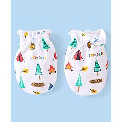 Babyhug Cotton Cap Mittens & Booties with Forest Print White - Diameter 10cm