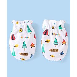 Babyhug Cotton Cap Mittens & Booties with Forest Print White - Diameter 10cm