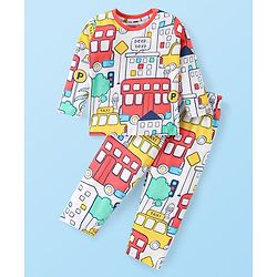 Babyhug Cotton Knit Full Sleeves Night Suit With Vehicles Print - Off White