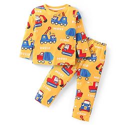 Babyhug Cotton Knit Full Sleeves Night Suit With Vehicles Print - Mustard