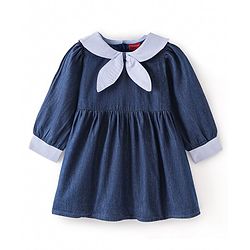 Babyhug Cotton Knit Full Sleeves Solid Colour Sailor Neck Frock With Collar  Detailing - Blue