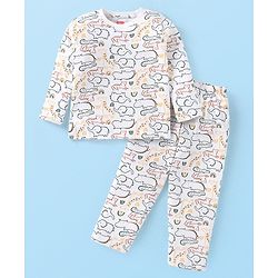Babyhug Cotton Knit Full Sleeves Night Suit With Animals Print - White