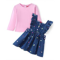 Babyhug Cotton Woven Full Sleeves T-Shirt with Floral Embroidered Frock - Navy Blue & Pink