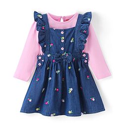 Babyhug Cotton Woven Full Sleeves T-Shirt with Floral Embroidered Frock - Navy Blue & Pink