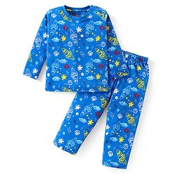 Babyhug Cotton Knit Full Sleeves Night Suit With Space Theme Print - Blue