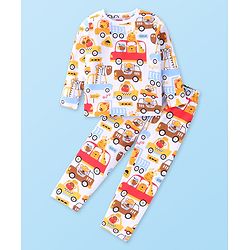 Babyhug Cotton Knit Full Sleeves Night Suit With Vehicle Print - White