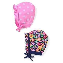Babyhug 100% Cotton Knit Caps with Polka Dots & Floral Print Pack of 2 - Pink & Navy Blue