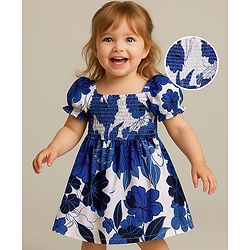 Babyhug Poplin Woven Half Sleeves Frock with Smocking Detailing & Floral Print - White & Navy