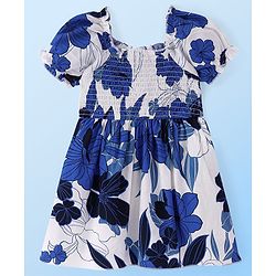 Babyhug Poplin Woven Half Sleeves Frock with Smocking Detailing & Floral Print - White & Navy