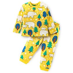 Babyhug Cotton Knit Full Sleeves Night Suit With Polar Bears Print - Yellow