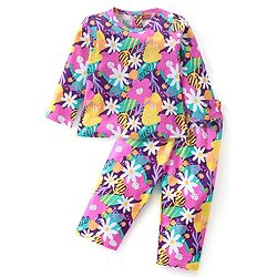 Babyhug Cotton Knit Full Sleeves Night Suit With Floral Print - Purple & Pink