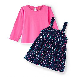 Babyhug Cotton Knit Star Printed Frock with Full Sleeves Inner Top - Pink