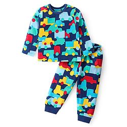 Babyhug Cotton Knit Full Sleeves Night Suit With Vehicles Print - Navy