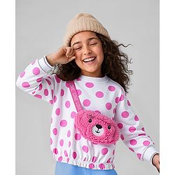 Babyhug Cotton Knit Full Raglan Sleeves Sweatshirt With Bobby Print & Bear Face Sling Bag - White & Pink