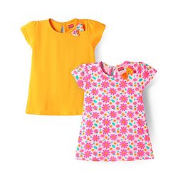 Babyhug Single Jersey Knit Half Sleeves Frocks With Floral Print & Bow Applique Pack of 2 - Yellow & Pink