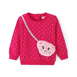 Babyhug Cotton Knit Full Sleeves Sweatshirt With Polka Dots Print & Purse Applique - Pink