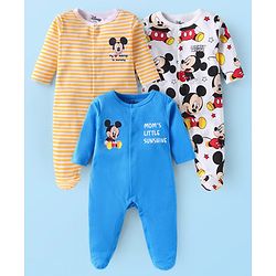 Babyhug Disney Interlock Knit Full Sleeves Sleep Suits with Mickey Mouse & Friends Graphics Pack of 3 - Blue Yellow & White