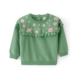 Babyhug Cotton Knit Full Sleeves Pullover Sweatshirt with Floral Embroidery & Frill Detailing - Green