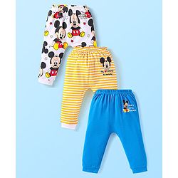 Babyhug Disney Interlock Knit Full Length Diaper Leggings With Mickie Mouse Graphics Pack of 3 - Blue Yellow & White