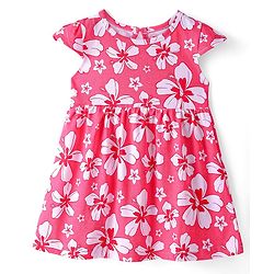 Babyhug Cotton Knit Half Cap Sleeves Floral Printed Anti Bacterial Frock with Bloomer - Dark Pink