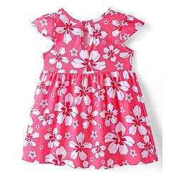 Babyhug Cotton Knit Half Cap Sleeves Floral Printed Anti Bacterial Frock with Bloomer - Dark Pink