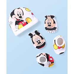 Babyhug Disney Interlock Knit Caps Mittens & Booties With Mickey Mouse Graphic - White