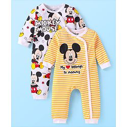 Babyhug Disney Interlock Knit Full Sleeves Front Open Striped & Mickey Mouse Printed Rompers Pack of 2 - White & Yellow