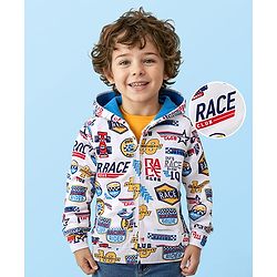 Babyhug Cotton Knit Full Sleeves Hooded Sweatjacket with Race Theme Print - White