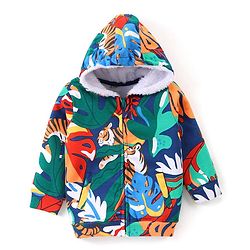 Babyhug Cotton Knit Full Sleeves Hooded Tiger & Leaves Printed Sweatjacket with Front Zipper  - Navy Blue & Green