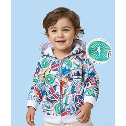 Babyhug Cotton Knit Full Sleeves Front Open Hooded Sweatjacket With Kangaroo Print - White