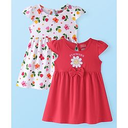 Babyhug Cotton Cap Sleeves Knee Length Frocks with Bow Floral & Butterfly Print Pack of 2 - White & Red