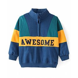 Babyhug Cotton Knit Full Sleeves High Neck Sweatjacket with Cut & Sew Design & Text Print - Teal Blue