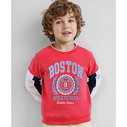 Babyhug Cotton Knit Full Sleeves Sweatshirt With Cut & Sew Design & Text Print - Red