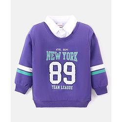 Babyhug Cotton Knit Full Sleeves Collar Neck Sweatshirt With Text Print & Embroidery - Purple