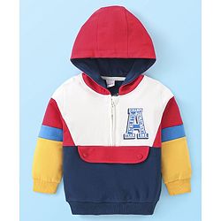Babyhug Cotton Knit Full Sleeves Hooded Sweatshirt with Cut & Sew Design & Alphabet Print - Multicolour