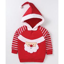 Babyhug Cotton Knit Full Raglan Sleeves Hooded Sweatshirt with Santa Design & 3D Applique - Red & White
