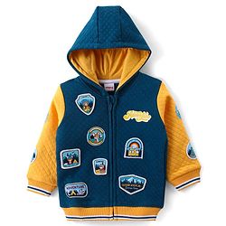 Babyhug Cotton Full Sleeves Hooded Jacket with Zipper Badges & Quilting Detailing - Navy & Yellow
