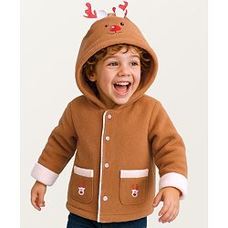 Babyhug Cotton Knit Full Sleeves Hooded Winter Jacket with Reindeer Applique - Brown