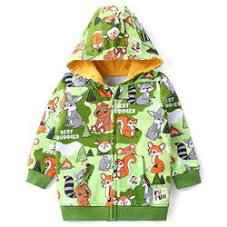 Babyhug Cotton Full Sleeves Hooded Front-open Sweatjacket With Zipper & All Over Animals Print - Green